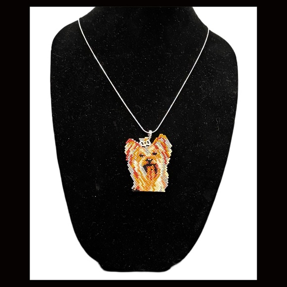Hand Crafted Beaded Yorkie Pendant Necklace brown and Yellow - 24” silver chain - Picture 2 of 8